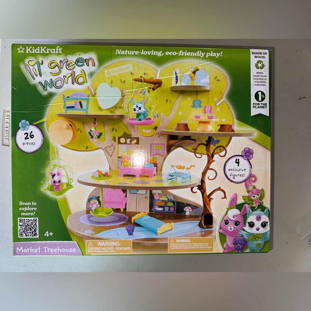 NWT KidKraft Lil Green World Wooden Market Treehouse Play Set w/ 26 Accessories